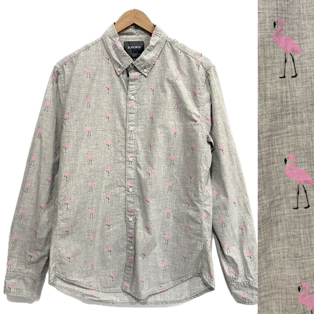 Bonobos Flamingo Bird Print Slim Fit Shirt Mens Size M Long Sleeve Button Down